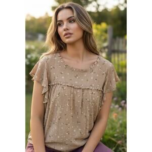 Lake Flower Tan Floral Ruffle Babydoll Top